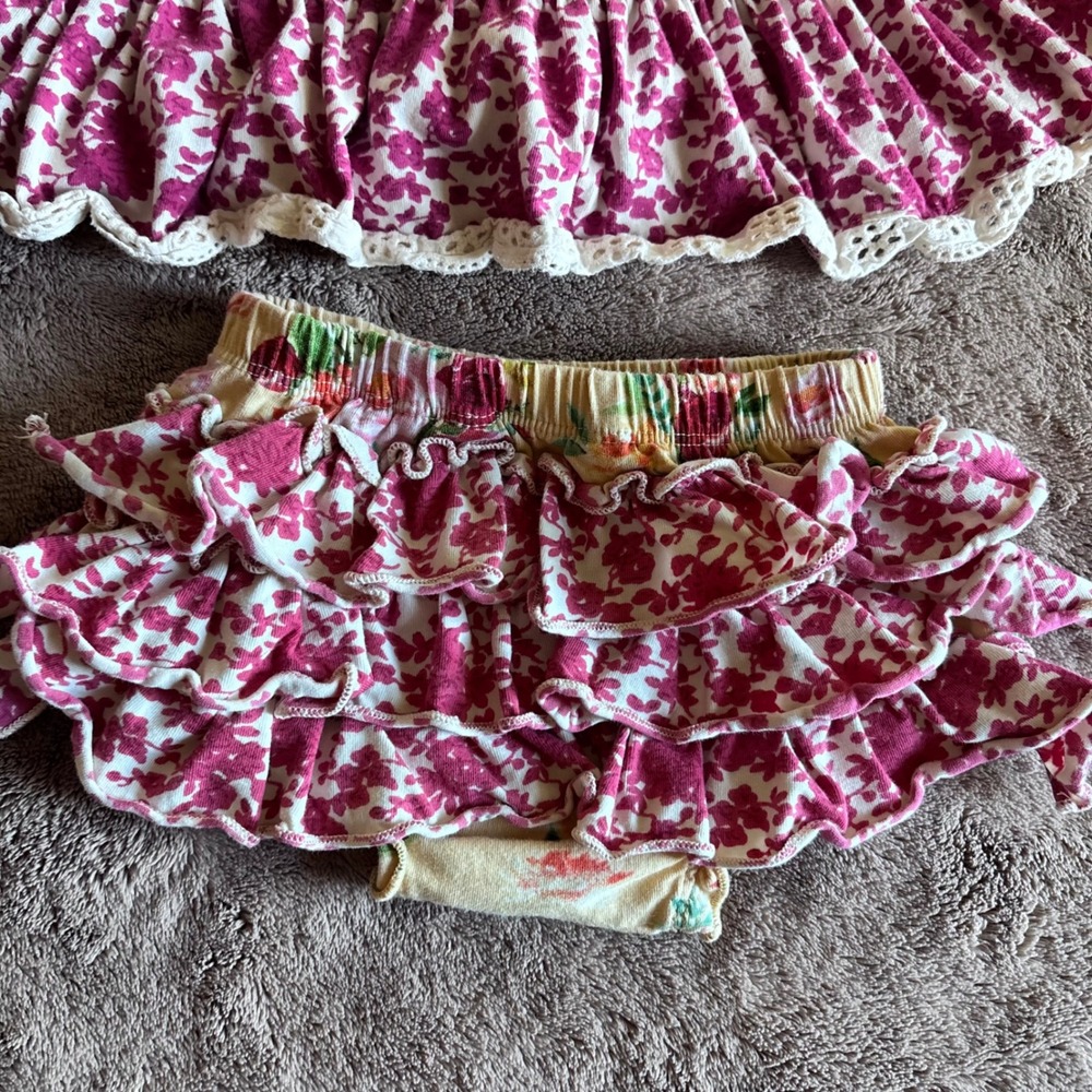 Mustard Pie Baby Girl Floral Tunic and Ruffle Bumbies Set Pink Cream 12M - Picture 4 of 5